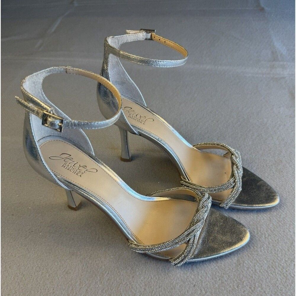 Badgley Mischka Women's Silver Rhinestone Ankle Strap Buckle Open Toe 9.5M